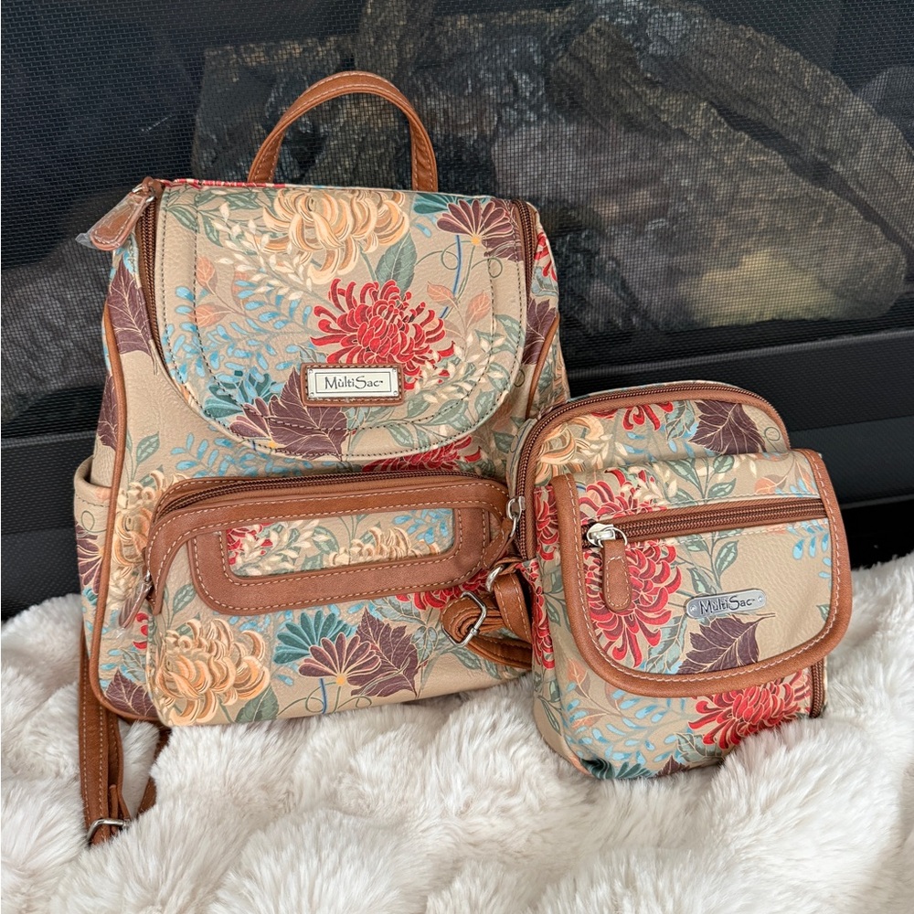 ❤️💖NWT Multisac adorable Floral Backpack and Crossbody Set - Tan and Brown